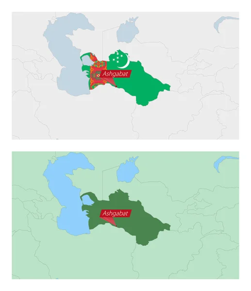 Turkmenistan Kaart Met Pin Van Land Hoofdstad Twee Soorten Kaart — Stockvector