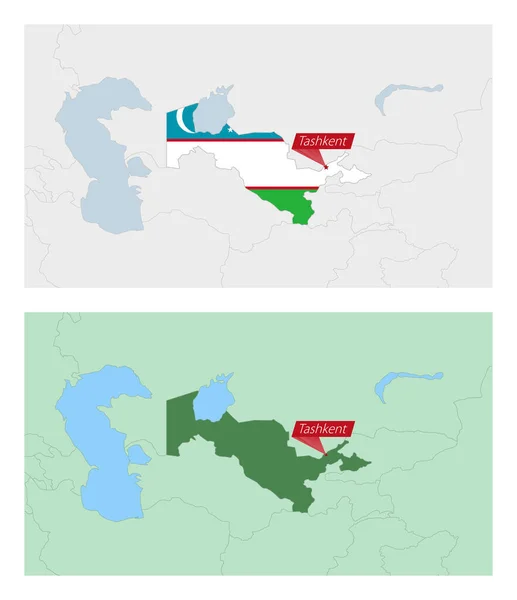 Oezbekistan Kaart Met Pin Van Land Hoofdstad Twee Soorten Oezbekistan — Stockvector
