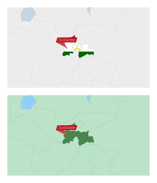 タジキスタンの首都のピンで地図 隣国との2種類のタジキスタン地図 — ストックベクタ