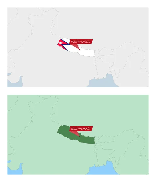 首都のピンでネパール地図 近隣諸国との2種類のネパール地図 — ストックベクタ