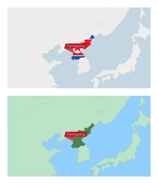 Mapa Coreia Norte Com Pino Capital País Dois Tipos Mapa —  Vetores de Stock
