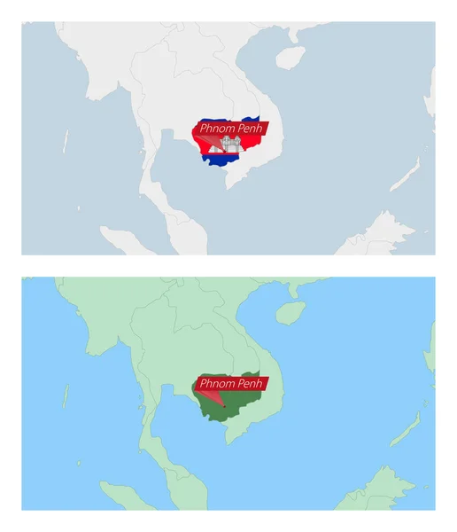 カンボジアの首都のピンで地図 近隣諸国との2種類のカンボジア地図 — ストックベクタ