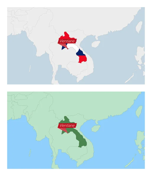 Лаос Мапа Піком Столиці Країни Два Види Карт Лаосу Сусідніми — стоковий вектор