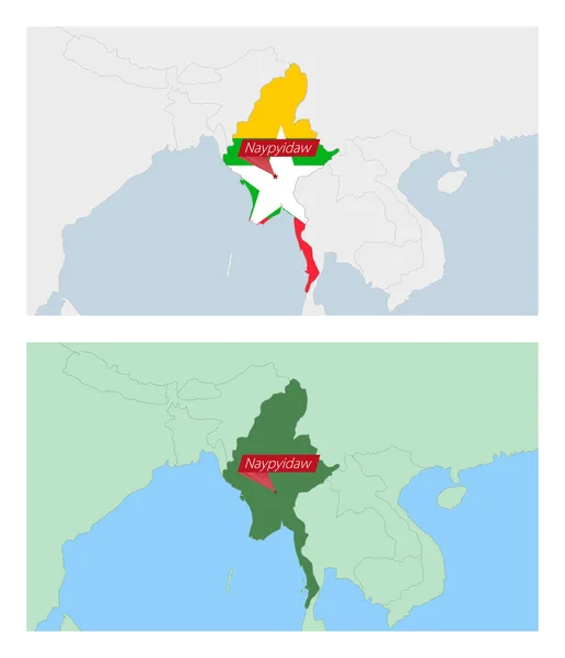 ミャンマー地図国の首都のピンで 近隣諸国との2種類のミャンマー地図 — ストックベクタ