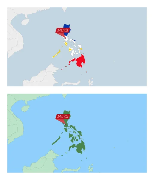 国の首都のピンでフィリピンの地図 近隣諸国との2種類のフィリピン地図 — ストックベクタ