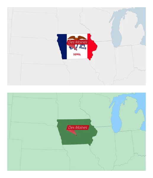 Mappa Dell Iowa Con Spilla Capitale Nazionale Due Tipi Mappa — Vettoriale Stock