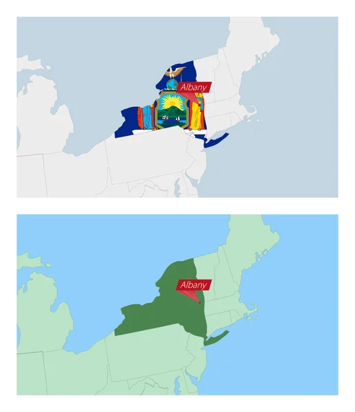 Mappa New York Con Spilla Capitale Nazionale Due Tipi Mappa — Vettoriale Stock