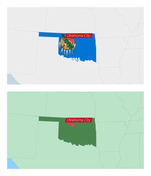Oklahoma Kaart Met Pin Van Land Hoofdstad Twee Soorten Oklahoma — Stockvector