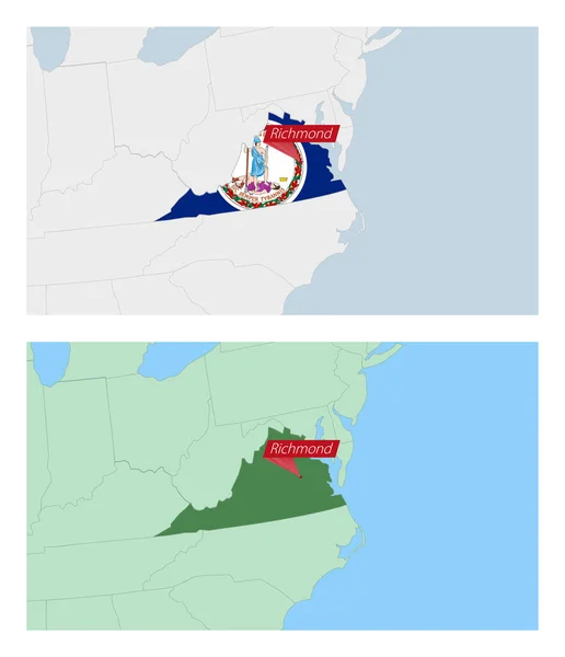 バージニア州地図首都のピンで 近隣諸国との2種類のバージニア州地図 — ストックベクタ