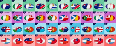 2023 uluslararası müsabakası için rugby simgeleri koleksiyonu, ragbi topu şeklinde grup sahnesinin simgesine karşı tüm maçlar. Büyük simge koleksiyonu.