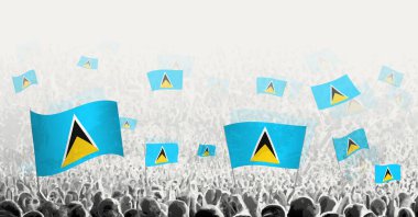 Saint Lucia bayrağıyla soyut kalabalık. İnsanlar Aziz Lucia bayrağıyla protesto, devrim, grev ve gösteri yapıyor..