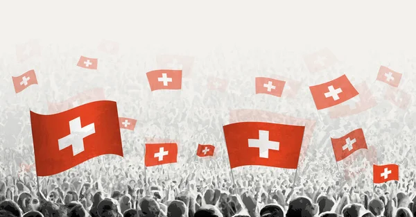 スイスの旗を持つ抽象的な群衆 スイスの国旗を掲げて抗議 ストライキ デモを行う人々 — ストックベクタ