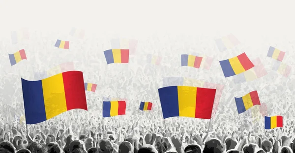带着罗马尼亚国旗的人群 举着罗马尼亚国旗的人民抗议 罢工和示威 — 图库矢量图片