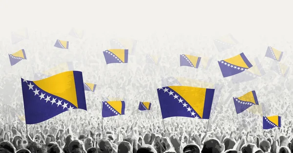 举着波斯尼亚和黑塞哥维那国旗的人群 以波斯尼亚和黑塞哥维那国旗为旗帜的人民抗议 罢工和示威 — 图库矢量图片