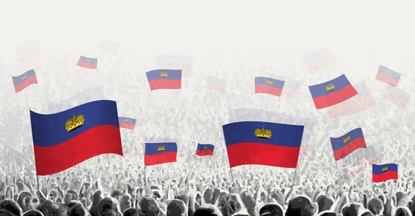 Kerumunan Abstrak Dengan Bendera Liechtenstein Rakyat Protes Revolusi Pemogokan Dan - Stok Vektor