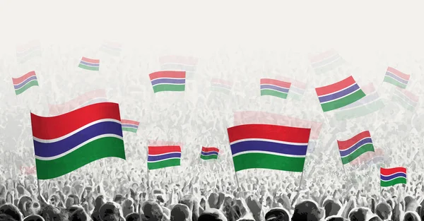 ガンビアの旗を持つ抽象的な群衆 ガンビアの国旗を掲げて抗議 ストライキ デモを行う人々 — ストックベクタ
