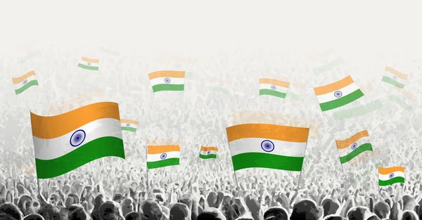 インドの旗を持つ抽象的な群衆 インドの国旗を掲げて抗議 ストライキ デモを行う人々 — ストックベクタ