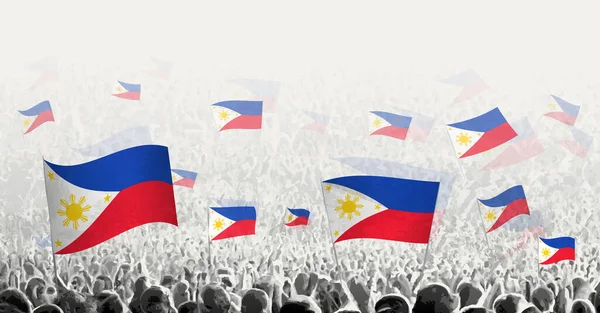 带着菲律宾国旗的人群 打着菲律宾国旗的人民抗议 罢工和示威 — 图库矢量图片