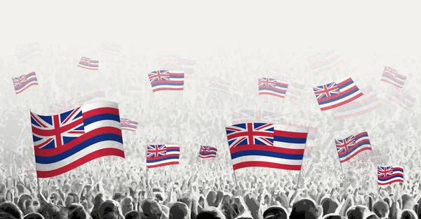 ハワイの旗を持つ抽象的な群衆 ハワイの国旗を掲げて抗議 ストライキ デモを行う人々 — ストックベクタ