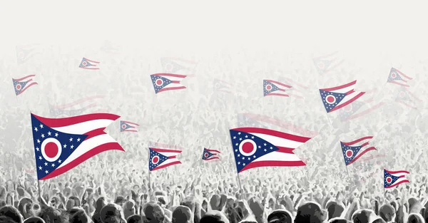 带着俄亥俄国旗的人群 以俄亥俄国旗为旗帜的人民抗议 罢工和示威 — 图库矢量图片