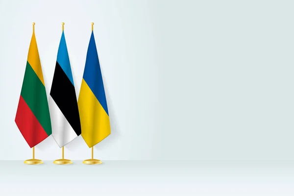 stock vector Flags of Lithuania, Estonia and Ukraine stand in row on indoor flagpole. 