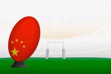 Ragbi stadyumunda Çin milli takımı ragbi topu ve kale direkleri penaltı ya da serbest vuruş için hazırlanıyor..