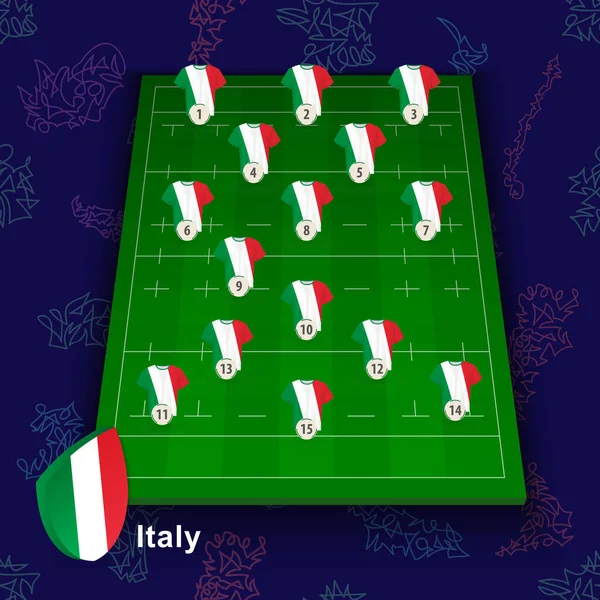 Włoska Narodowa Drużyna Rugby Boisku Rugby Ilustracja Pozycji Graczy Boisku — Wektor stockowy