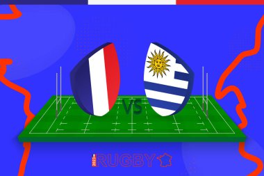 Ragbi takımı Fransa ragbi sahasında Uruguay 'a karşı. Uluslararası şampiyonluk için soyut arkaplanda ragbi stadyumu.