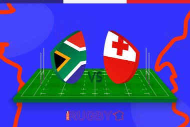 Rugby takımı Güney Afrika ragbi sahasında Tonga 'ya karşı. Uluslararası şampiyonluk için soyut arkaplanda ragbi stadyumu.