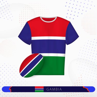 Gambiya ragbi forması ve soyut spor arka planında Gambiya rugby topu..