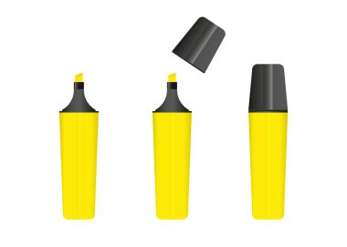 Sarı fosforlu kalem, sarı renkli işaretin 3 versiyonu. Vektör seti.