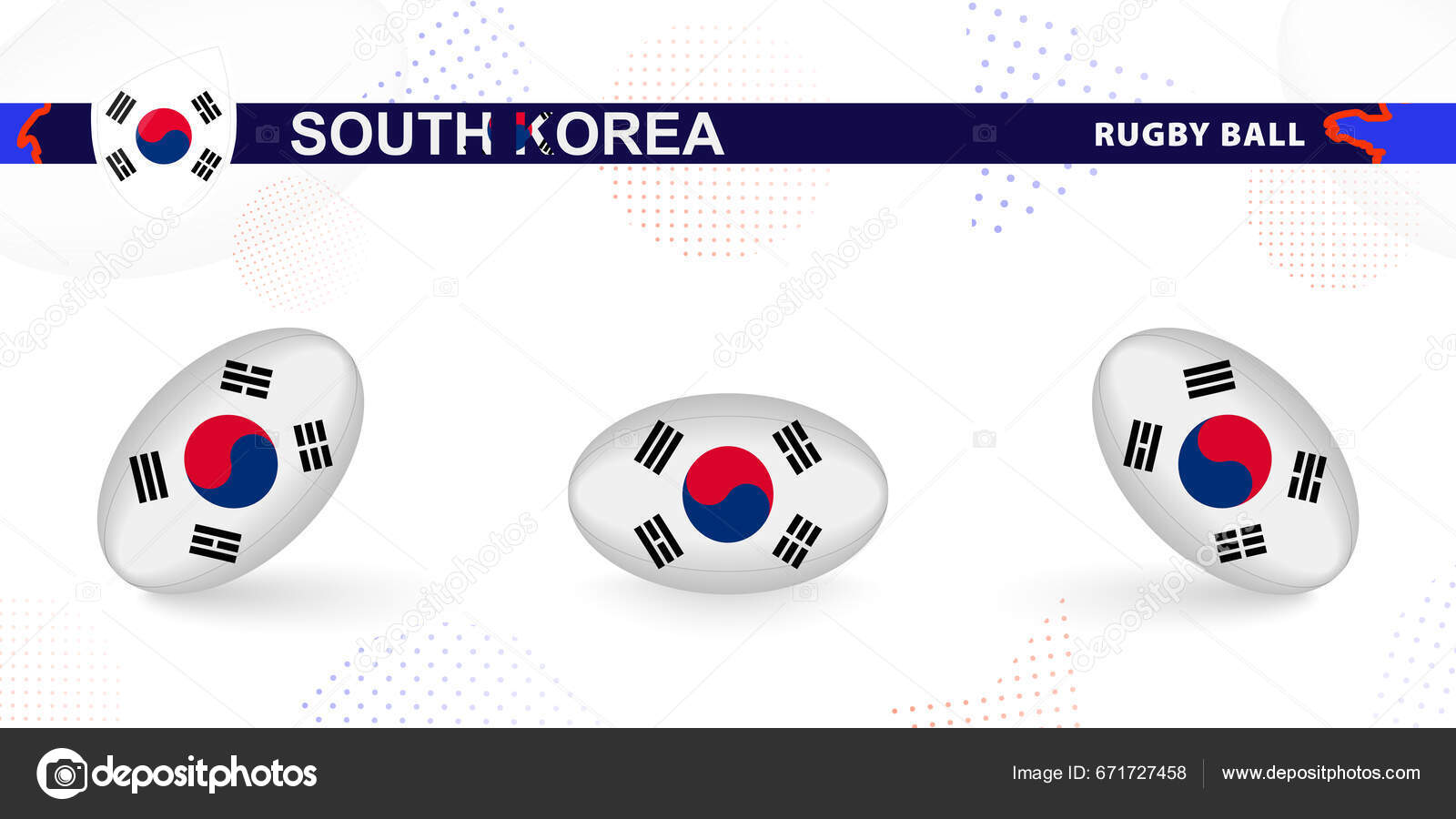 Rugby Ball Set Flag South Korea Various Angles Abstract Background