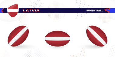 Soyut arkaplanda Letonya bayrağı ile çeşitli açılarda ragbi topu seti.