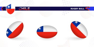 Rugby topu, Şili bayrağı ile soyut arkaplanda çeşitli açılarda ayarlandı.
