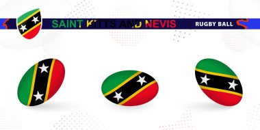 Saint Kitts ve Nevis bayrağıyla soyut arka planda çeşitli açılarda ragbi topu seti.