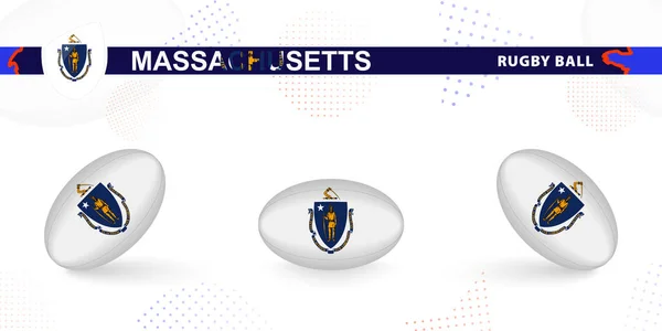抽象的な背景にさまざまな角度でマサチューセッツの旗で設定されたラグビーボール — ストックベクタ