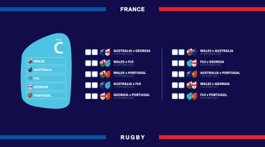Bütün rugby maçları C havuzunda, uluslararası ragbi yarışmasına katılanların bayrakları Fransa 'da. Vektör illüstrasyonu.