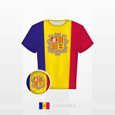 Andorra milli takımının futbol forması ve Andorra bayrağı. Futbol forması ve bayraklı futbol topu..
