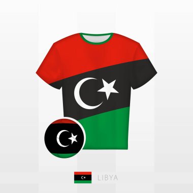 Libya milli takımının futbol üniforması ve Libya bayraklı futbol topu. Futbol forması ve bayraklı futbol topu..