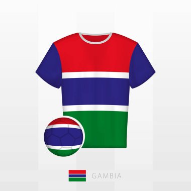 Gambiya milli takımının futbol forması ve Gambiya bayrağı. Futbol forması ve bayraklı futbol topu..