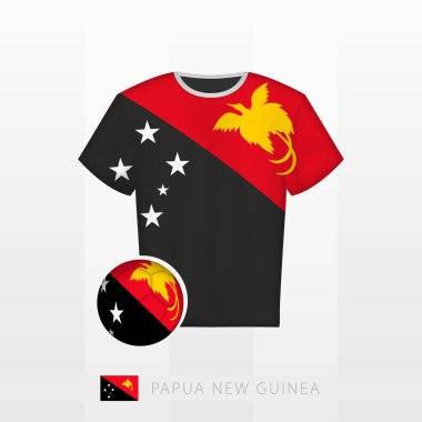 Papua Yeni Gine milli takımının futbol forması ve Papua Yeni Gine bayrağı. Futbol forması ve bayraklı futbol topu..