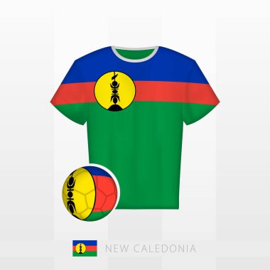 New Caledonia milli takımının futbol forması ve Yeni Kaledonya bayrağı. Futbol forması ve bayraklı futbol topu..