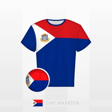 Sint Maarten milli takımının futbol forması ve Sint Maarten bayrağı. Futbol forması ve bayraklı futbol topu..