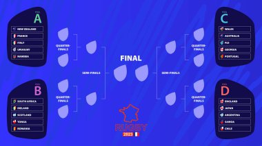 Uluslararası ragbi turnuvası katılımcılarının ulusal bayraklarıyla ragbi 203 playoff maçı. Vektör illüstrasyonu.