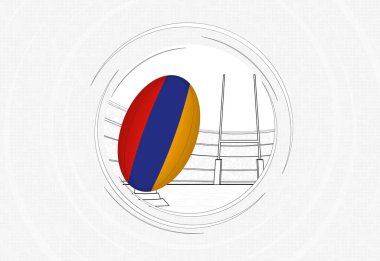 Ragbi topunda Ermenistan bayrağı, kalabalık bir stadyumda topla birlikte daire şeklinde bir rugby ikonu..