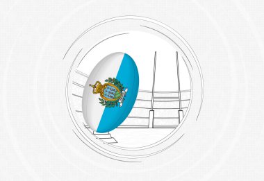 Rugby topunda San Marino bayrağı, kalabalık bir stadyumda topla birlikte daire şeklinde bir rugby ikonu..