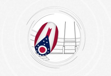 Ohio bayrağı rugby topunda, çizgili daire şeklinde rugby ikonu kalabalık bir stadyumda topla.