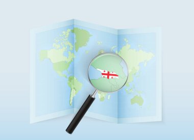 Gürcistan 'ı gösteren büyüteçli katlanmış bir dünya haritası. İtalya haritası ve bayrağı.