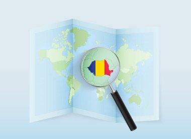 Romanya 'yı gösteren büyüteçle katlanmış bir dünya haritası. İtalya haritası ve bayrağı.