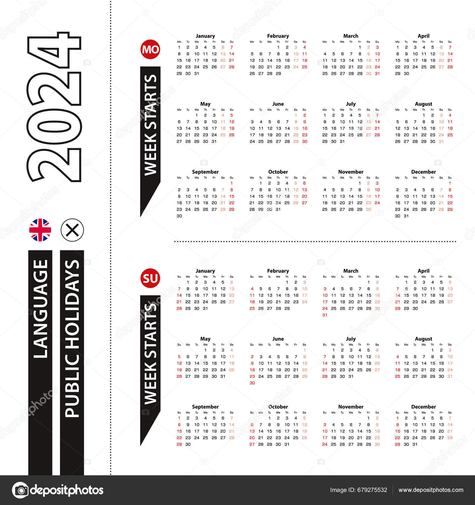 Deux Versions Calendrier 2024 Anglais Semaine Commence Lundi Semaine